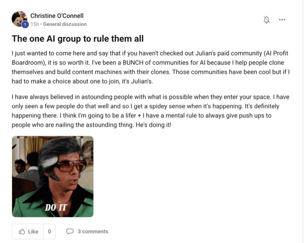 Screenshot of a real review from Christine O'Connell, an AI Profit Boardroom member